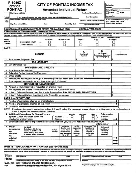 Form P-1040x - Amended Individual Return Printable pdf