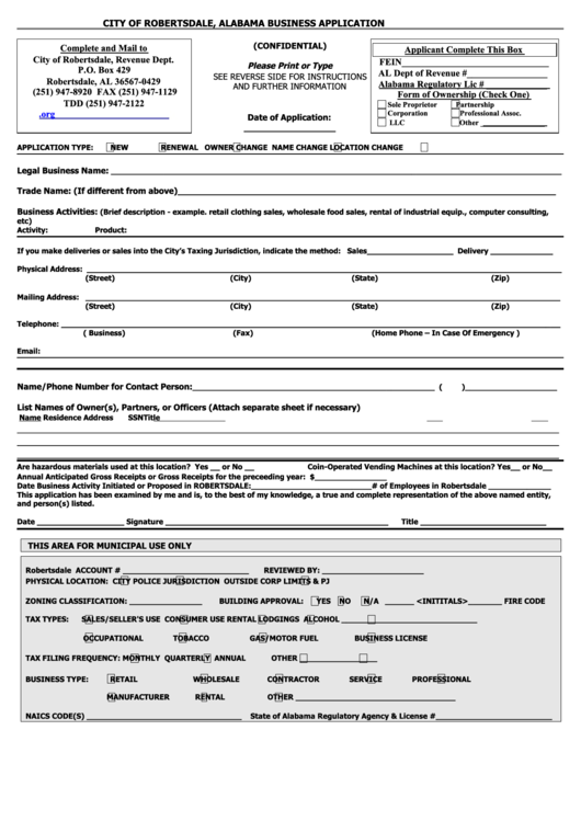 City Of Robertsdale, Al Business Application Form Printable pdf