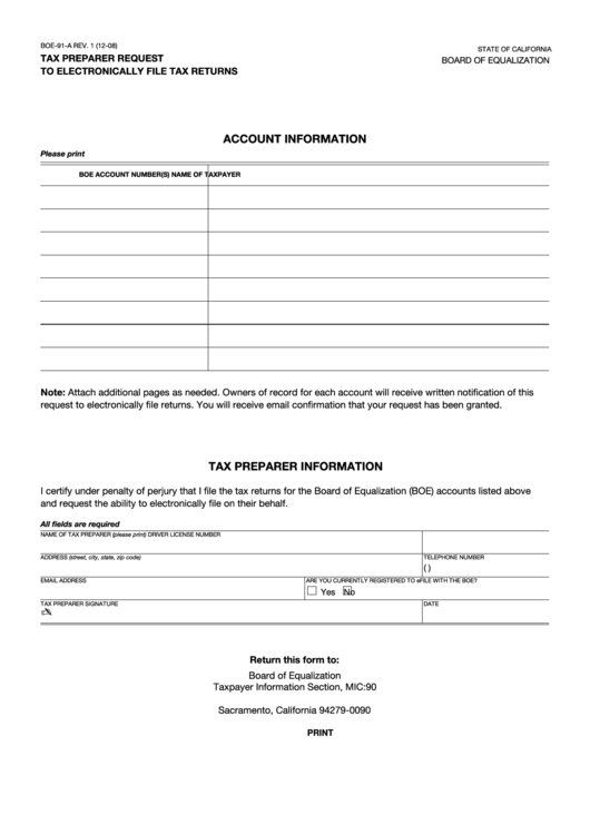 Fillable Form Boe-91-A - Tax Preparer Request To Electronically File Tax Returns Printable pdf