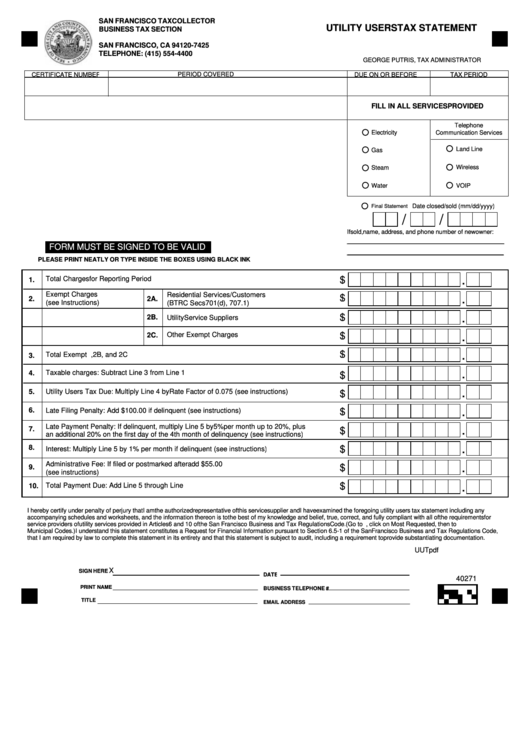 Fillable Utility Users Tax Statement Form - San Francisco Tax Collector Printable pdf
