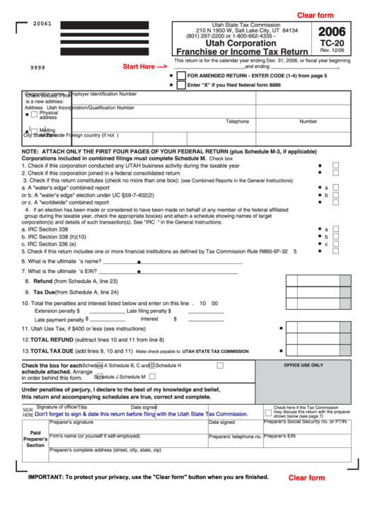 Fillable Form Tc-20 - Utah Corporation Franchise Or Income Tax Return - 2006 Printable pdf