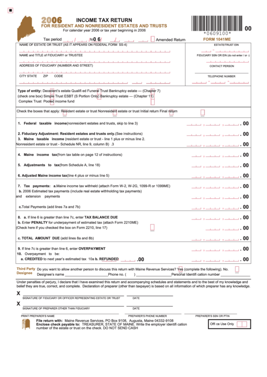 Form 1041me - Income Tax Return For Resident And Nonresident Estates And Trusts - 2006 Printable pdf