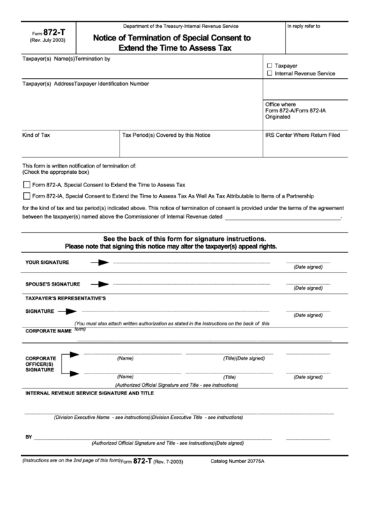 Form 872-t - Notice Of Termination Of Special Consent To Extend The Time To Assess Tax