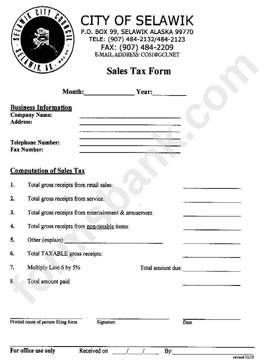 Sales Tax Form - City Of Selawik