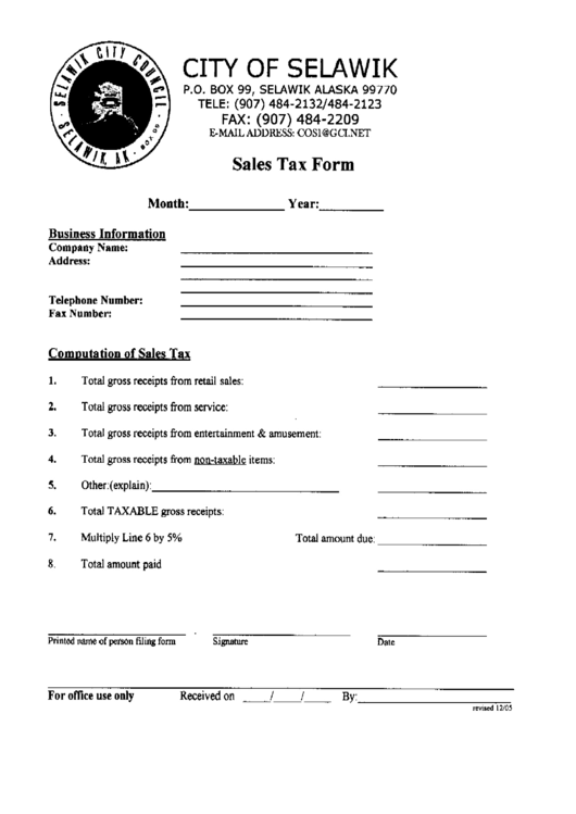 Sales Tax Form - City Of Selawik Printable pdf