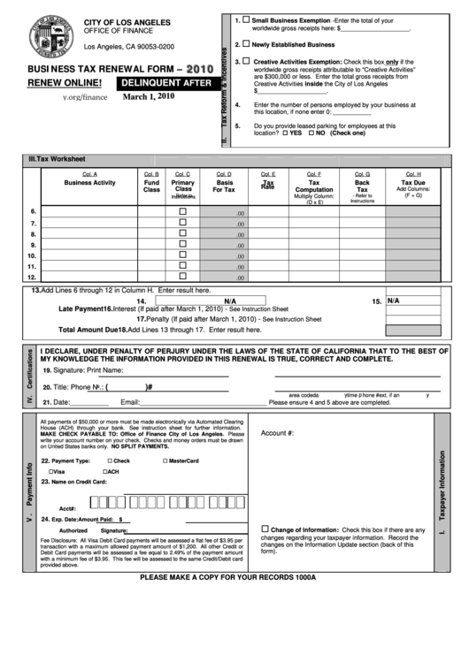 Business Tax Renewal Form - California Office Of Finance - 2010 Printable pdf