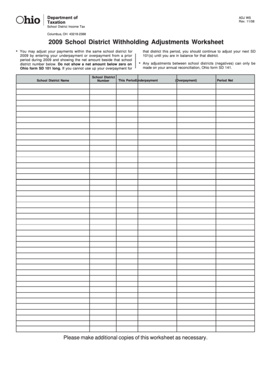 School District Withholding Adjustments Worksheet - 2009 Printable pdf