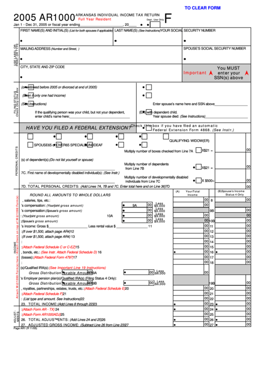 Fillable Form Ar1000 - Arkansas Individual Income Tax Return - 2005 Printable pdf