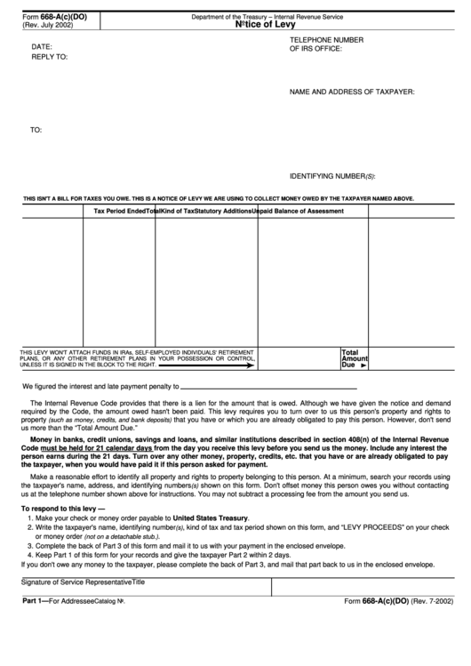 Fillable Form 668-A - Notice Of Levy Printable pdf