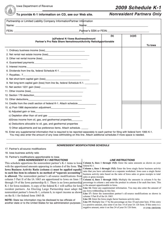 Fillable Form Ia 1065 - Schedule K-1 - Nonresident Partners Only/form Ia 1120s - Schedule K-1 - Nonresident Shareholder Only - 2009 Printable pdf