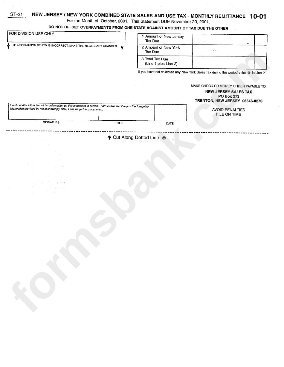 Form St-21 - New Jersey / New York Combined State Sales And Use Tax - Monthly Remittance