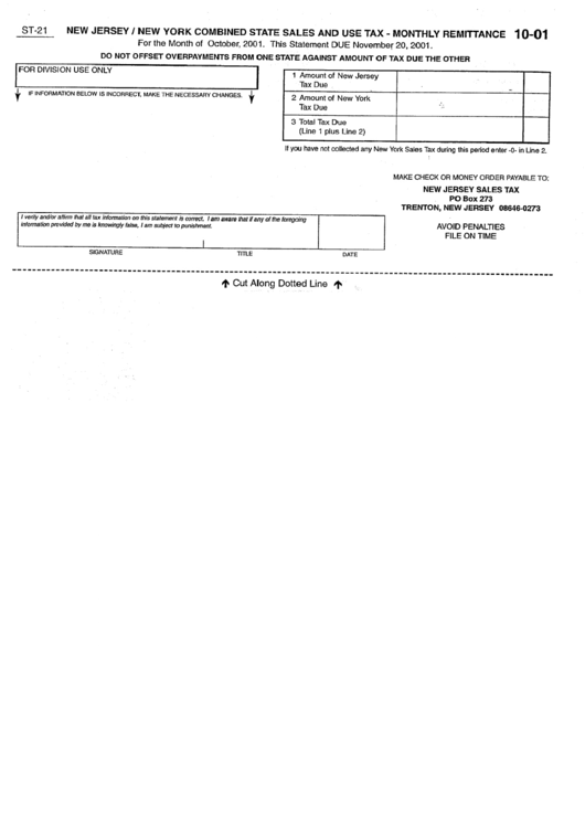 Form St-21 - New Jersey / New York Combined State Sales And Use Tax - Monthly Remittance Printable pdf