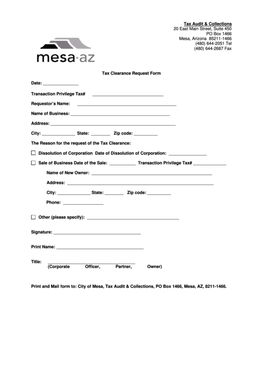 Fillable Tax Clearance Request Form - City Of Mesa Printable pdf