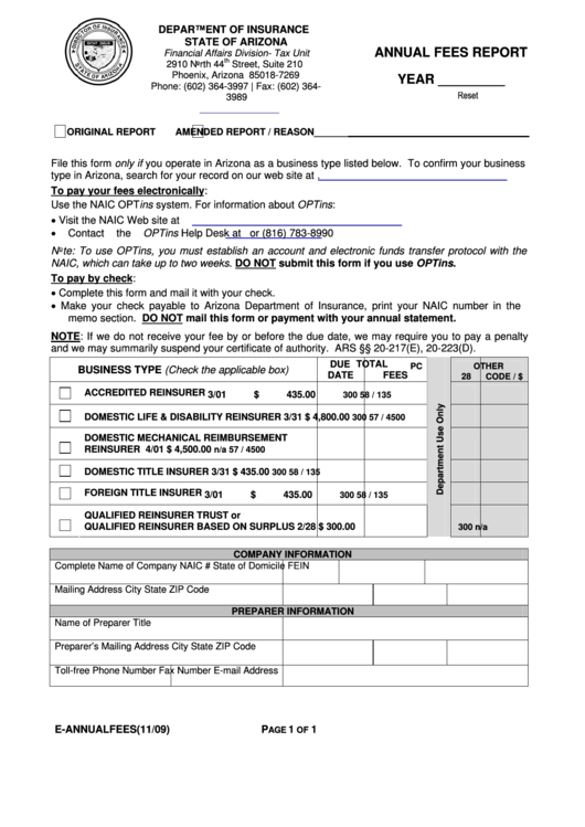 Fillable Annual Fees Report Form - Department Of Insurance Printable pdf