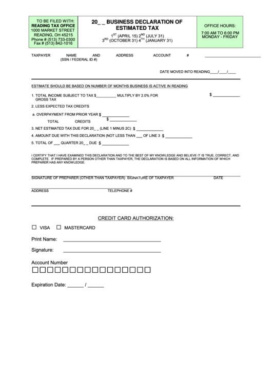 Business Declaration Of Estimated Tax - Ohio Printable pdf