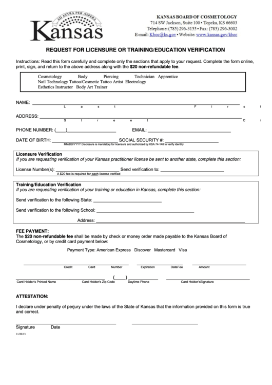 Fillable Request For Licensure Or Training/education Verification Form Printable pdf