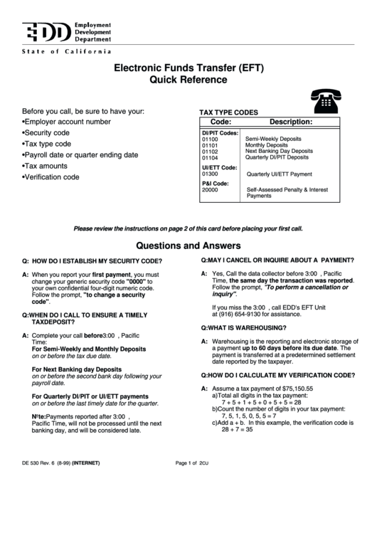 Form De 530 - Electronic Funds Transfer (Eft) Quick Reference - 1999 Printable pdf