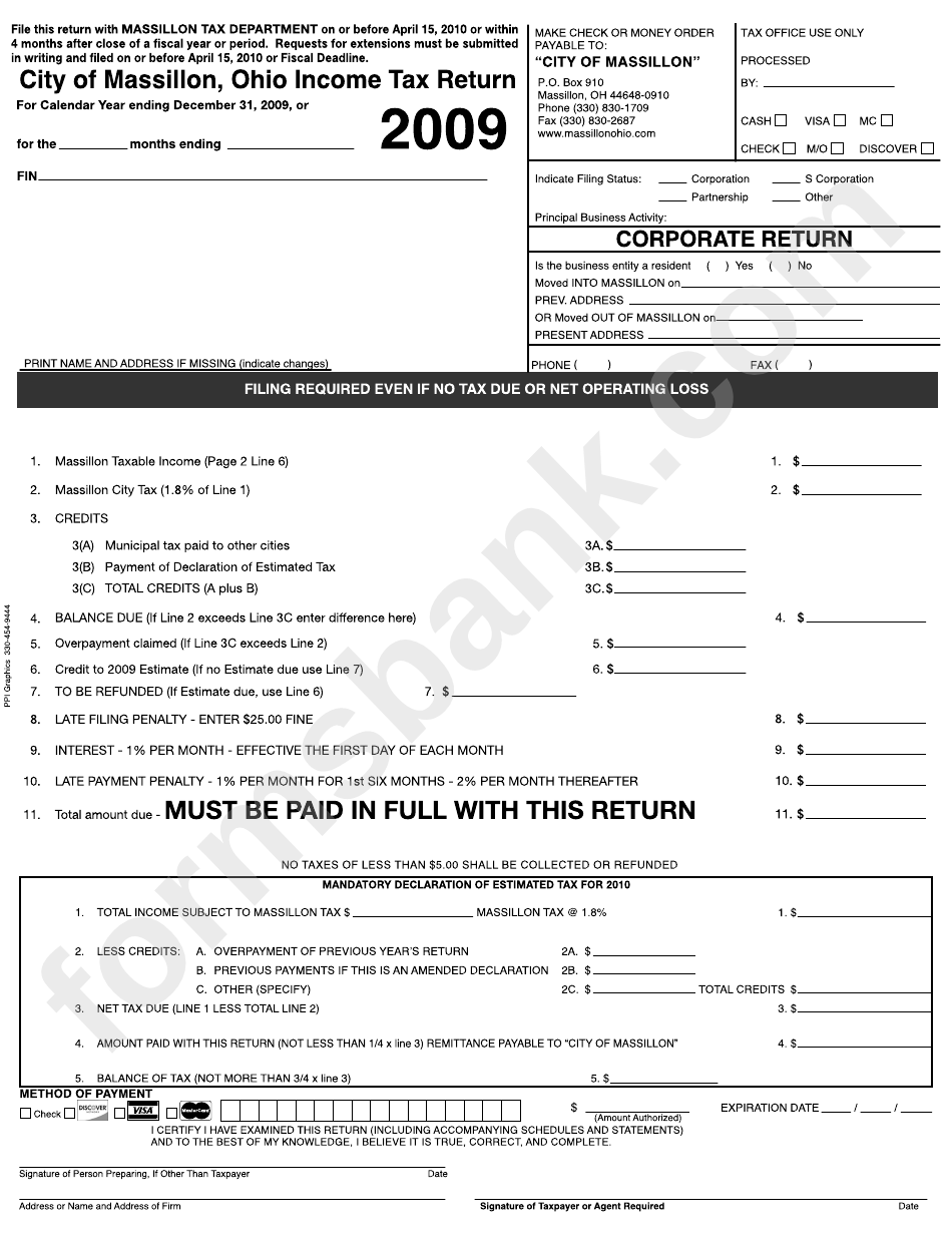 City Of Massillon, Ohio Income Tax Return Form 2009