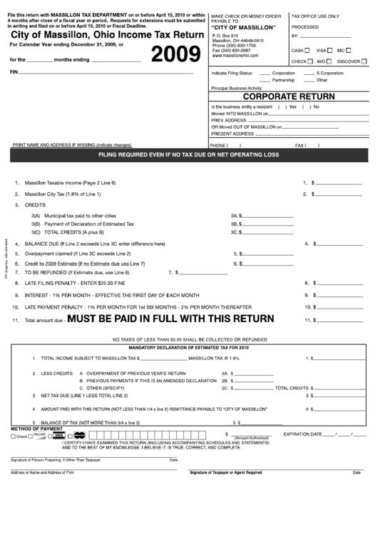 City Of Massillon, Ohio Income Tax Return Form 2009 Printable pdf