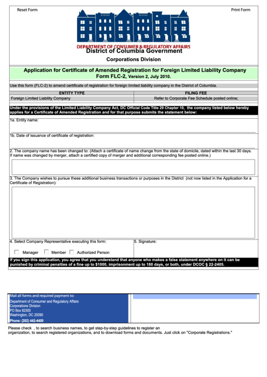 Fillable Form Flc-2 - Application For Certificate Of Amended Registration For Foreign Limited Liability Company - 2010 Printable pdf