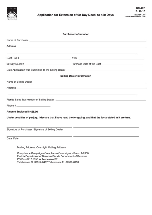 Form Dr-42e - Application For Extension Of 90-Day Decal To 180 Days Printable pdf