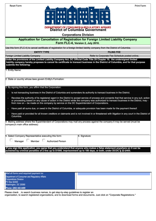 Fillable Form Flc-4 - Application For Cancellation Of Registration For Foreign Llc Printable pdf