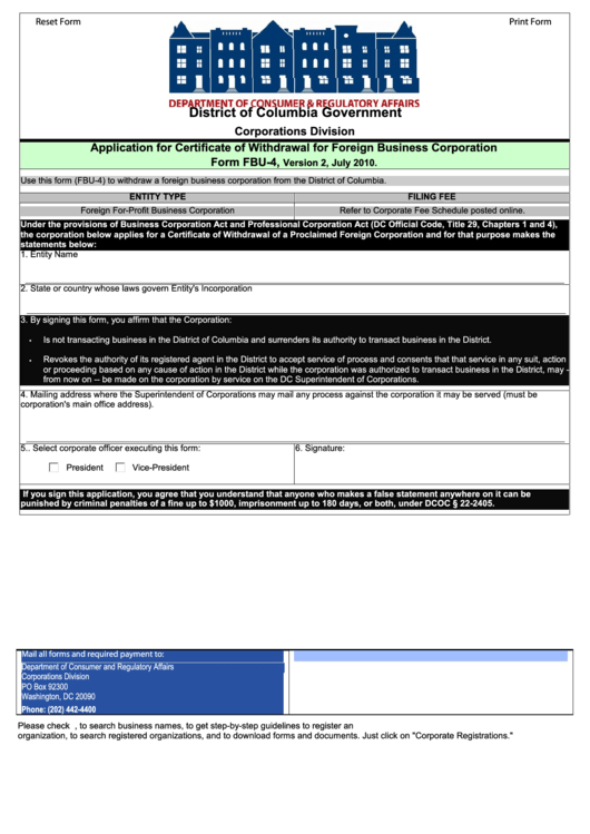 Fillable Form Fbu-4 - Application For Certificate Of Withdrawal For Foreign Business Corporation Printable pdf