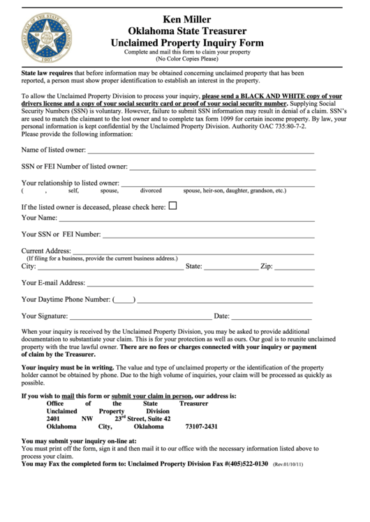 Unclaimed Property Inquiry Form - Oklahoma State Treasurer- 2011 Printable pdf