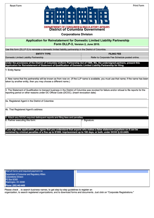 Fillable Form Dllp-3 - Application For Reinstatement For Domestic Limited Liability Partnership Printable pdf