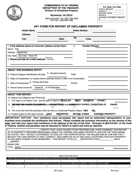 Form Ap1 Report Of Unclaimed Property Printable Pdf Download