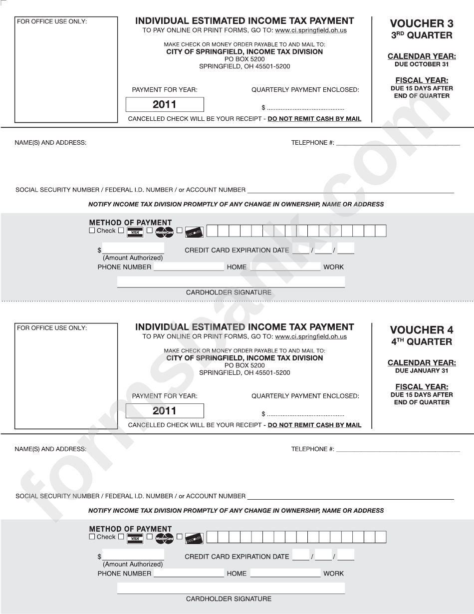 Individual Estimated Income Tax Payment Voucher Form - Ohio Income Tax Division - 2011