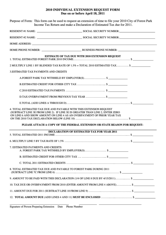 2010 Individual Extension Request Form Printable pdf