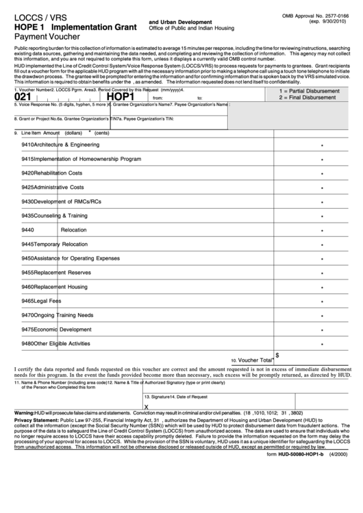 Fillable Form Hud-50080-Hop1-B - Hope 1 Implementation Grant Payment Voucher - 2000 Printable pdf