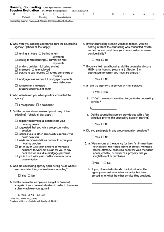 Form Hud-9908 - Housing Counseling Session Evaluation printable pdf ...