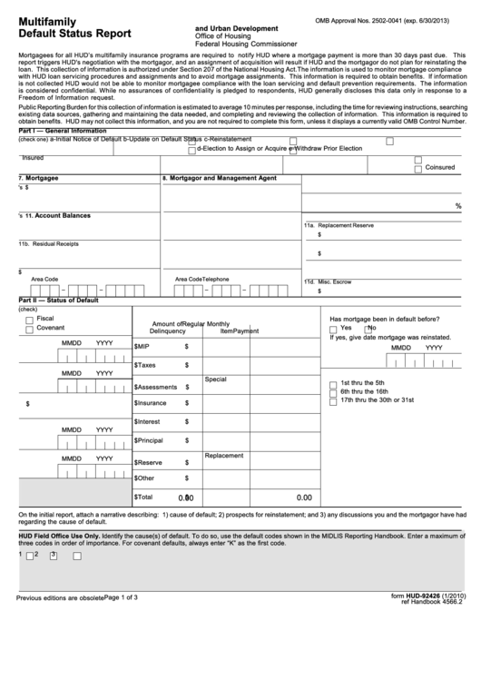 Fillable Form Hud-92426 - Multifamily Default Status Report Printable pdf