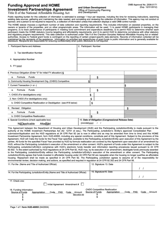Fillable Form Hud-40093 - Funding Approval And Home Investment Partnerships Agreement Printable pdf