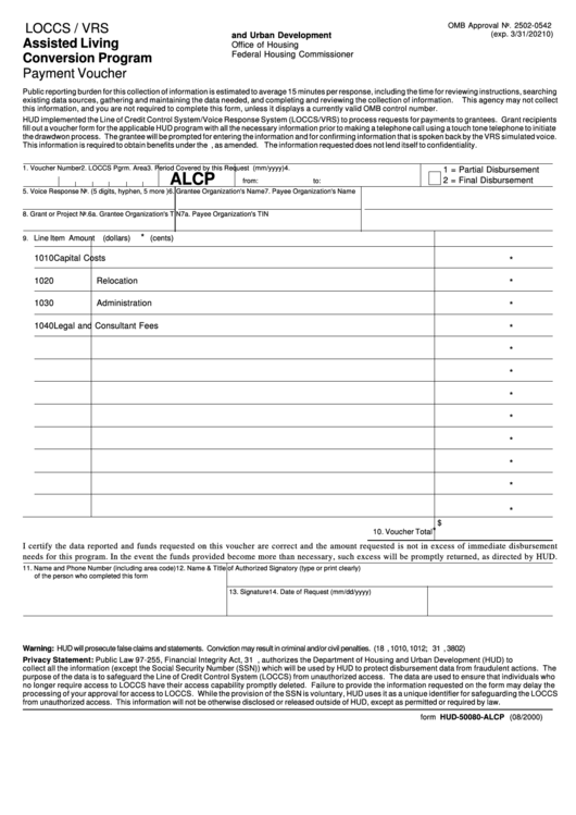 Fillable Form Hud-50080-Alcp - Assisted Living Conversion Program Printable pdf