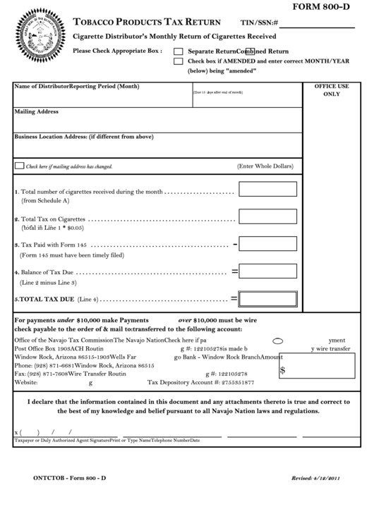 Form 800-D - Tobacco Products Tax Return Printable pdf