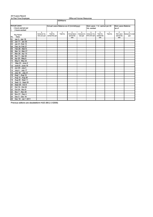 Form Hud 260.2 - Leave Record For Part-Time Employee - 2011 Printable pdf