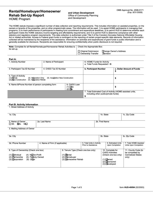 Fillable Form Hud-40094 - Rental/homebuyer/homeowner Rehab Set-Up Report Printable pdf