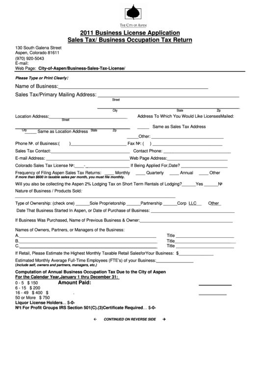 2011 Business License Application Sales Tax/ Business Occupation Tax Return - City Of Aspen Printable pdf