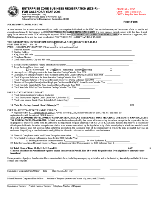 Fillable Form 50469 - Enterprise Zone Business Registration - 2008 Printable pdf