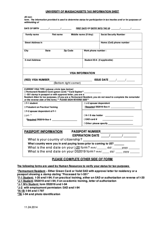 Fillable University Of Massachusetts Tax Information Sheet Form Printable pdf