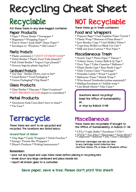 Recycling Cheat Sheet Printable pdf
