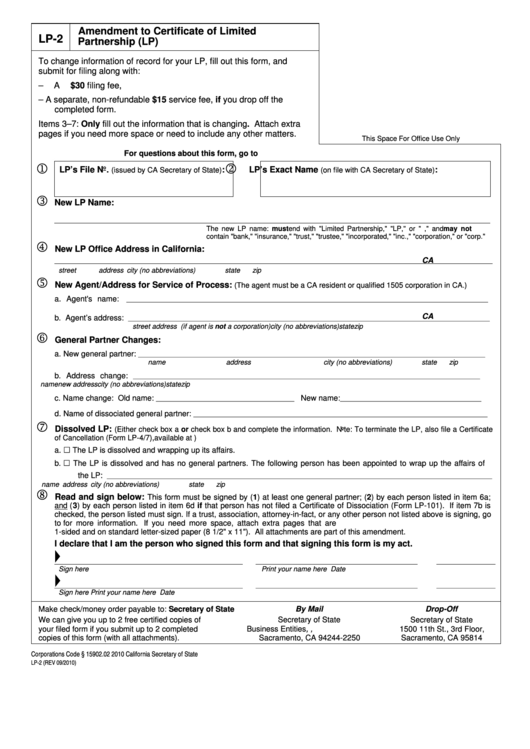 Fillable Form Lp-2 - Amendment To Certificate Of Limited Partnership (Lp) Printable pdf