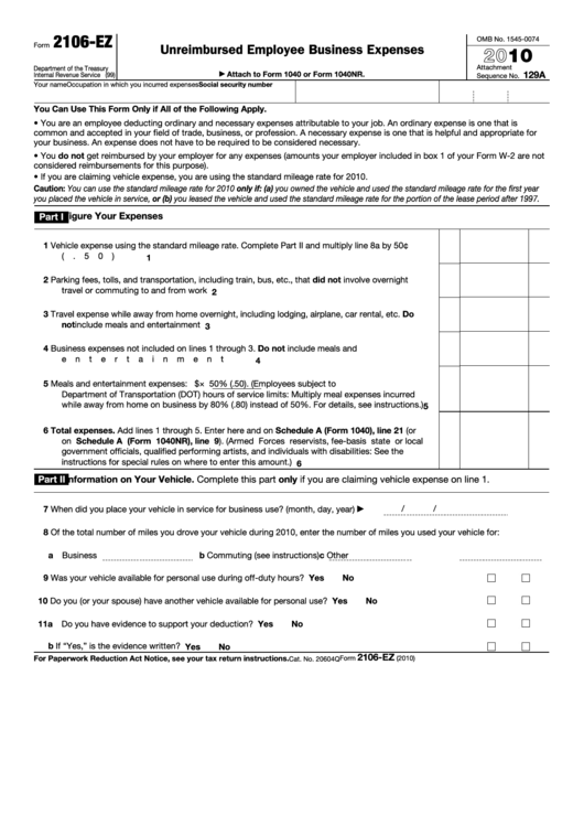 Fillable Form 2106-Ez - Unreimbursed Employee Business Expenses - 2010 Printable pdf