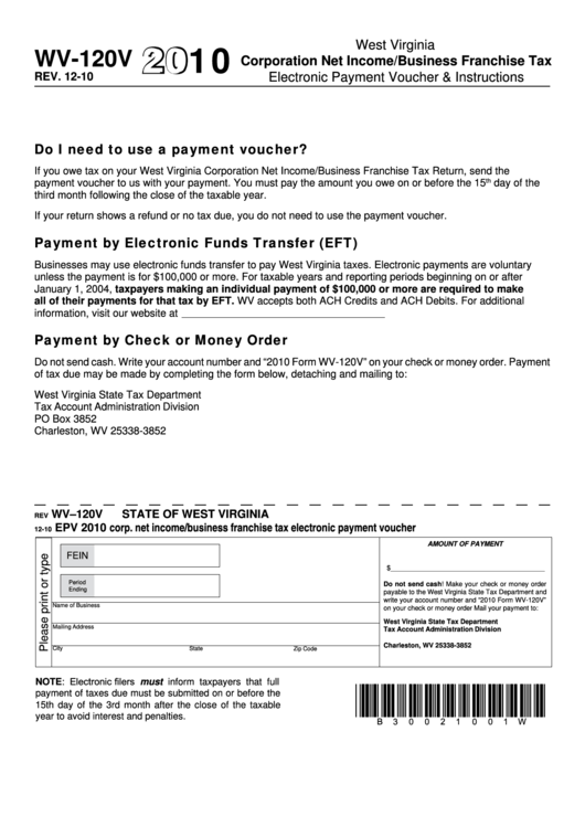 Form Wv-120v - Corp. Net Income/business Franchise Tax Electronic Payment Voucher - 2010 Printable pdf