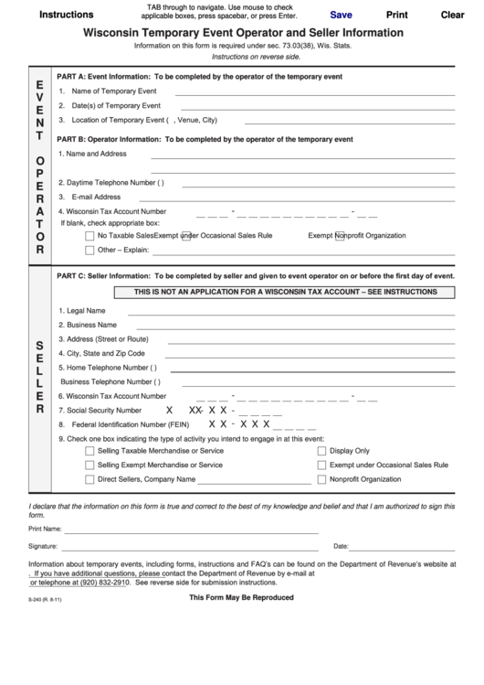 Fillable Form S-240 - Wisconsin Temporary Event Operator And Seller Information Printable pdf