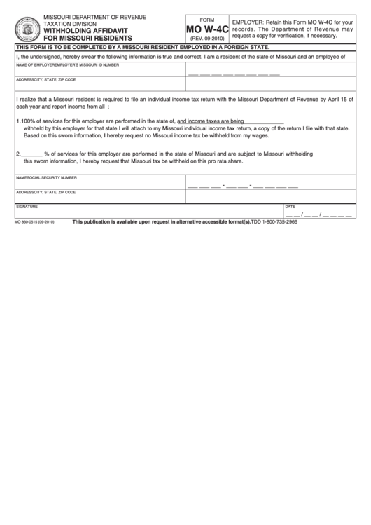 Fillable Form Mo W-4c - Withholding Affidavit For Missouri Residents Printable pdf