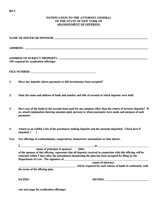 Fillable Form Rs-3 - Notification To The Attorney General Of The State Of New York Of Abandonment Of Offering Printable pdf
